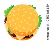 Big burger with bun and sesame seeds, juicy patty, lettuce and cheese. Fast food, concept of quick lunch, snack. Cheeseburger, hand drawn vector isolated on white.