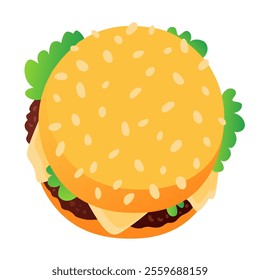 Big burger with bun and sesame seeds, juicy patty, lettuce and cheese. Fast food, concept of quick lunch, snack. Cheeseburger, hand drawn vector isolated on white.