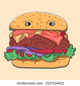 Big Burger with cartoon face vector illustration