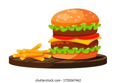 Big burger with double meat, cheese, tomato, green salad leaves and french fries 