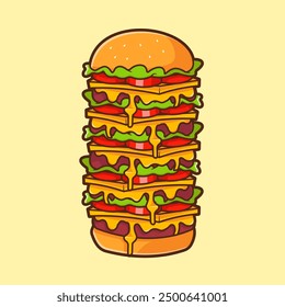 Big Burger With Extra Meat And Cheese Cartoon Vector Icon Illustration. Food Object Icon Concept Isolated Premium Vector. Flat Cartoon Style
