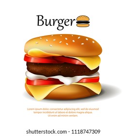 Big burger, fast food, lunch, delicious food, hearty. 3D effect. Vector illustration.