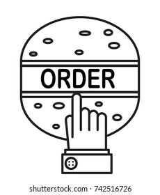 big burger, food order, pointing, vector image,black and white sticker,outline style
