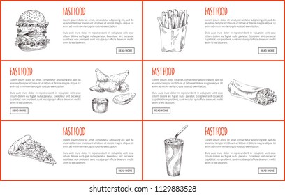 Big burger and french fries, chicken nuggets with dip and stuffed burrito or lavash, pizza and drink in paper cup. Vector online set for landing page.