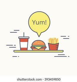 Big burger with french fries and milk shake on the tray. Flat line illustration of junk food with yellow speech bubble and text yum isolated on white