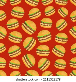 A big burger is a good mood and a satisfying day, vector seamless pattern illustration on colored background