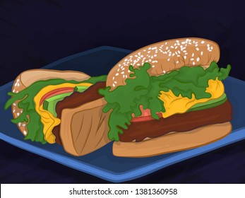 big burger and half, hamburger hand drawn vector illustration. Deluxe king size burger ads with tasty toppings on a tray background