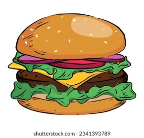 Big burger, hamburger cartoon style vector illustration. Isolated on white background.