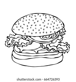 Big Burger , Hamburger or Cheeseburger. Isolated On a White Background. Realistic Doodle Cartoon Style Hand Drawn Sketch Vector Illustration.