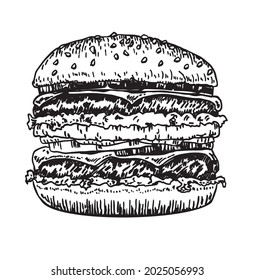 Big burger, hamburger hand drawing vector drawing sketch retro style. Hand drawn hamburger illustration. Burger American cheeseburger with lettuce tomato  cheese beef and sauce. Isolated. Fast Food