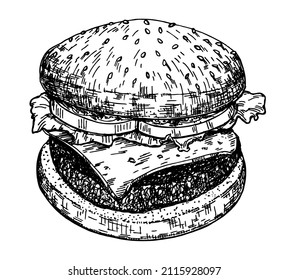 Gran hamburguesa, hamburguesa. Estilo retro de esbozo vectorial de dibujo manual. Burger Americana cheeseburger con queso de tomate lechuga ternera y salsa. Aislado. Comida rápida. Ilustración vectorial.