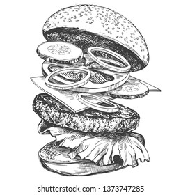 big burger, hamburger hand drawn vector illustration realistic sketch