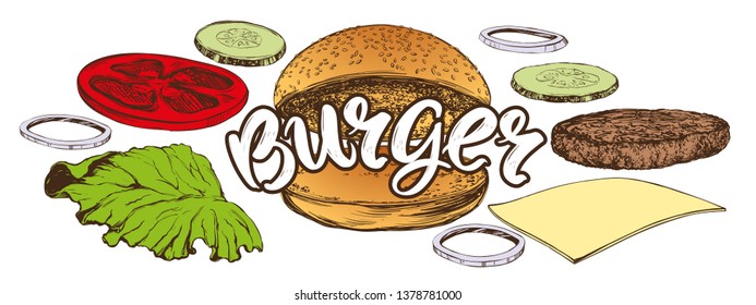 big burger, hamburger hand drawn vector illustration realistic sketch