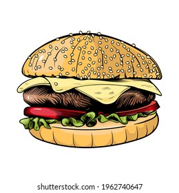 gran hamburguesa, imagen vectorial dibujada a mano de hamburguesa boceto estilo retro