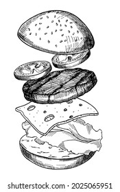 Big burger, hamburger hand drawn vector illustration realistic sketch. Hamburger ingredients with meat, cheese, tomato, salad and buns. Classic burger isolated. Big burger with ingredients.