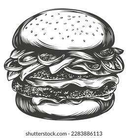 big burger, hamburger hand drawn vector illustration sketch retro style