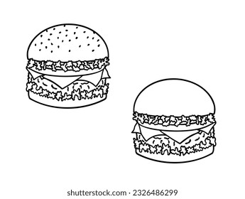 Gran hamburguesa, dibujo manual de hamburguesa ilustraciones vectoriales realistas. Esquema del cheeseburger.
