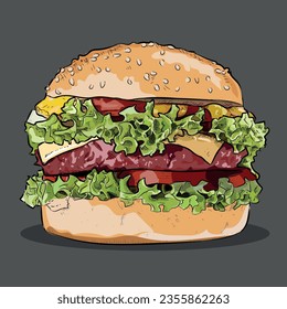 Gran hamburguesa, hamburguesa, estilo de esbozo de ilustración de vector dibujado a mano