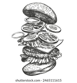 big burger, hamburger hand drawn vector illustration sketch retro style