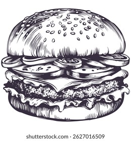Gran hamburguesa, hamburguesa dibujado a mano boceto de Ilustración vectorial estilo retro