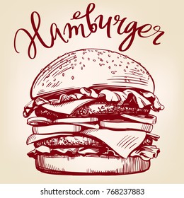 big burger, hamburger hand drawn vector illustration sketch retro style