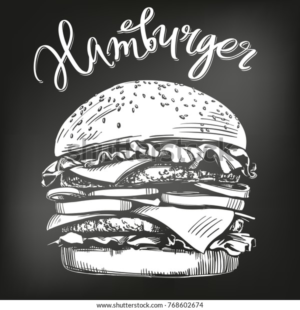 ハンバーガーの手描きのベクターイラストスケッチ チョークメニュー レトロなスタイル のベクター画像素材 ロイヤリティフリー