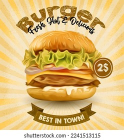 Big burger, hamburger vector illustration sketch retro style