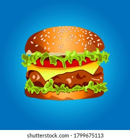 Big burger icon on the blue background. Vector illustration 