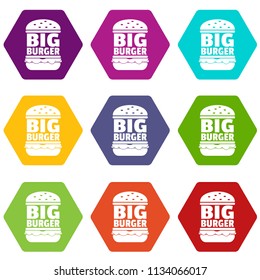 Big burger icons 9 set coloful isolated on white for web