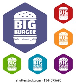Big burger icons vector colorful hexahedron set collection isolated on white 