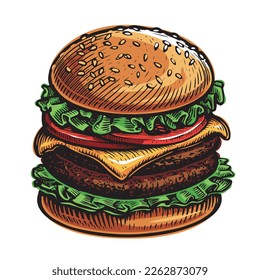 Big Burger isolated. Cheeseburger for fast food restaurant menu. Colorful vector illustration pop art comic style