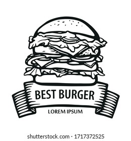 Big burger logo with ribbon. Hand-drawn burger hot dish. delicious sandwich line vector stock illustration. concept for Menu, fast food. Icon