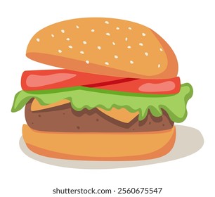 Big burger with meet, melting cheese and lettuce between buns. Hamburger, American fast food. Cheeseburger with cutlet, salad and sauces. Flat cartoon vector illustration isolated on white background