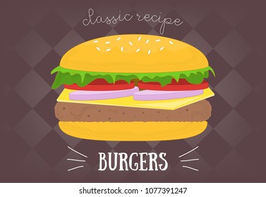 Big burger on black. Vector illustration.