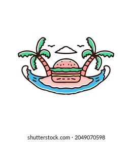 Big burger on island illustration. Vector graphics for t-shirt prints and other uses.