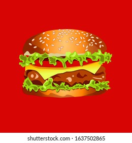 Big burger on the red background. Vector illustration 