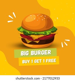 Big Burger Sale Design With Yellow Background Concept