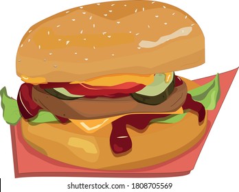 Big burger with sesame seeds meat cutlet, cheese, slices tomato, lettuce, cucumber. food vector. Vector illustration of a delicious burger