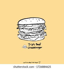 Big burger with triple beef and cheese in sketch brush style. Bun with sesame seeds and vegetables. Isolated on yellow background. Hand drawn vector illustration fast food. Icon