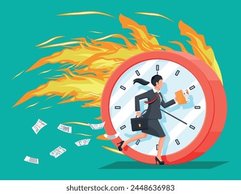 Gran reloj en llamas y mujer de negocios es rápido corriendo con corbata ondulante y maletín. Mujer de negocios que se apresura a llegar a tiempo. El tiempo es dinero. Ilustración vectorial plana