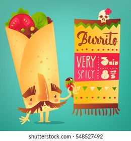 Big burrito character with thick eyebrows and moustache playing Mexican maraca, cartoon vector illustration isolated on white background. Traditional Mexican burrito character shaking maraca