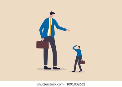 Big business competitor, career obstacle, conflict with boss, overcome difficulties in work or entrepreneur, SME, Small and Medium Enterprise concept, small guy businessman confront big competitor.