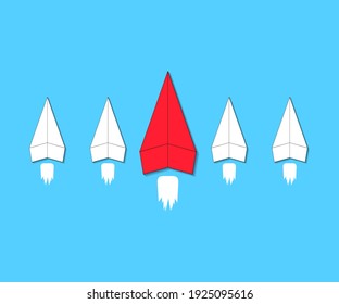 Big business concept with big red paper plane on blue background, vector illustration