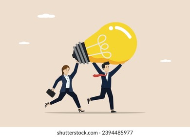 Big business idea, innovation or inspiration to start a new business, effort or inspiration for creativity idea concept, team of business people working hard to bring big light bulb idea.