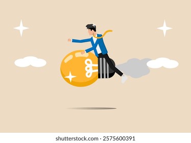 Big business idea, innovation or inspiration to start a new business, effort or inspiration for creativity idea concept, ambition working hard riding big lights in the air