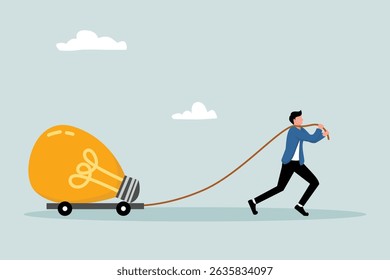 Big business idea, innovation or inspiration to start a new business, ambitious entrepreneur works hard to make big light bulb idea come true.