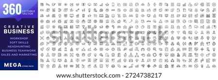 Big business line icons mega collection. Workshop, soft skills, economics, management, teamwork, development, office, corporate, creative, and productivity, large UI icon set. Vector editable stroke