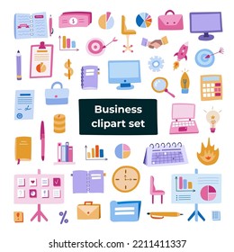 Big business set with colorful hand drawn clipart in doodle style. Vector illustrations isolated. Briefcase, lamp, money and finances, laptop, computer, planner, calendars, target, deadline, chart.