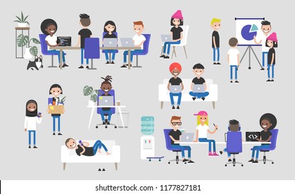 Big business set. Co-working space. Office life. Diversity collective. Startup. Millennials at work. Generation z. Technologies. Project management. Flat editable vector illustration, clip art