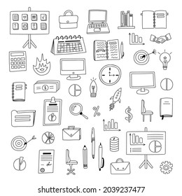 Big business set with hand drawn doodles . Vector illustrations isolated on background. Briefcases. lamps, money and finances, laptop, computers, planners, calendars etc.